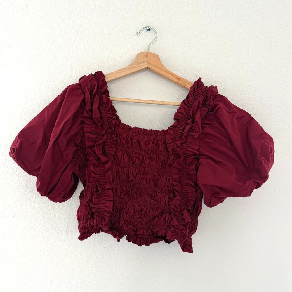 Burgundy Square Neck Puff Sleeve Bubble Sleeve Smocked Ruffle Crop Top Size M